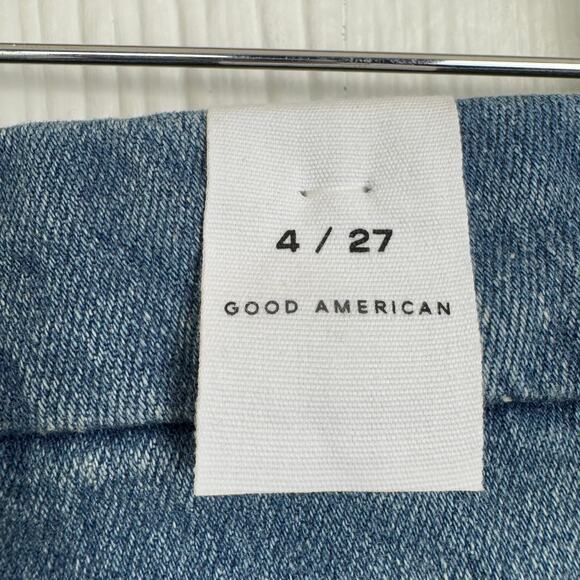 Good American Mid Rise Mom Jeans Sz 4 or 27 Casual Raw Hem Indiago 114 Cropped - Picture 8 of 11
